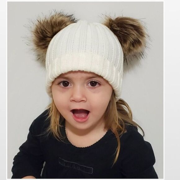 New Double Pompoms Beanie Hat Toddler Kid Cream Chunky Knit - Picture 2 of 14